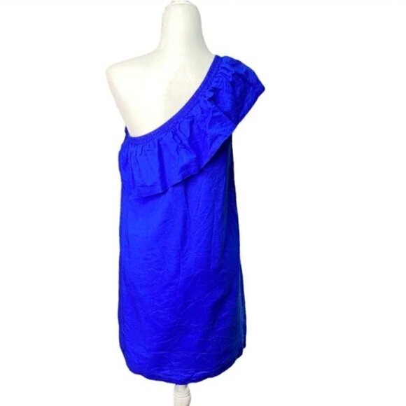 J. Crew Factory Linen Blend Dress XXS NWT Royal Blue One Shoulder Ruffle Party - Picture 6 of 7